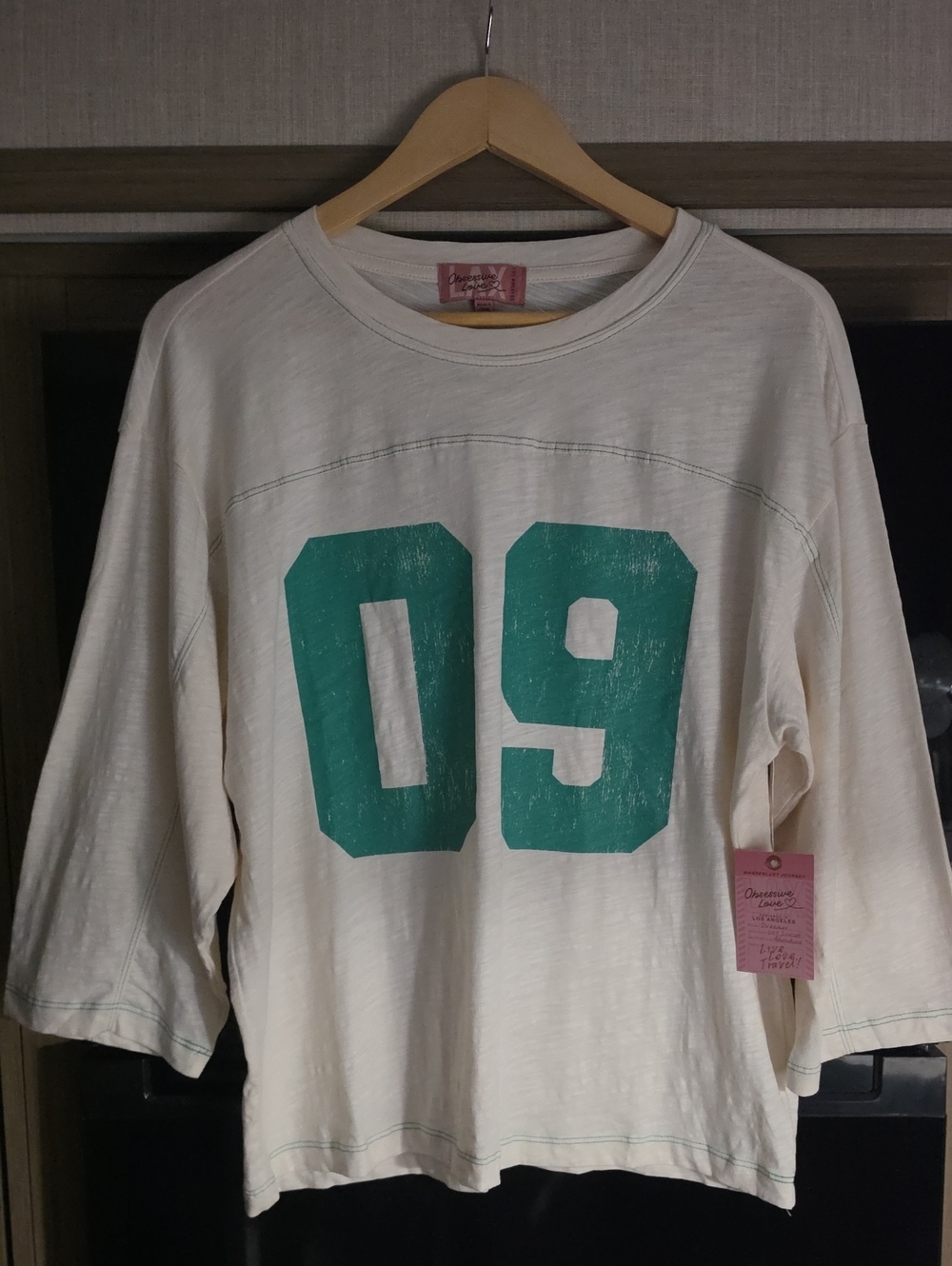NWT, 3/4 SLEEVE SPORTY TEE WITH GRAPHIC # BY " OBSESSIVE LOVE" - Picture 3 of 13